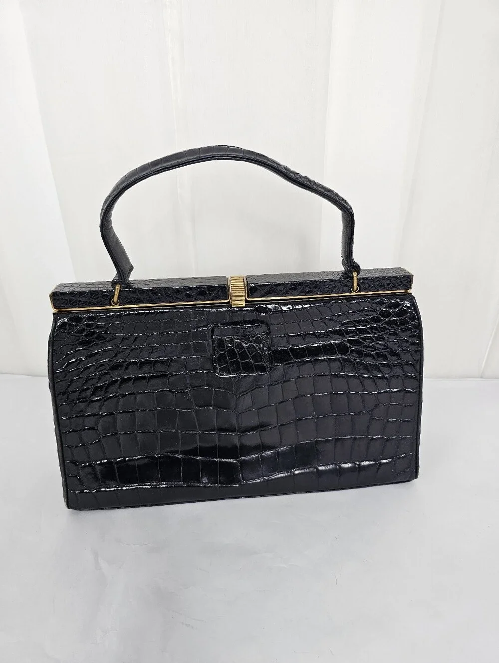Vintage Rendl New York 1960s Original Black Alligator Top Handle Frame Bag
